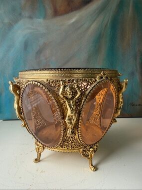 Vintage French Amber Glass Cherub Ormolu Footed Jewelry Casket Box - 6 Panels